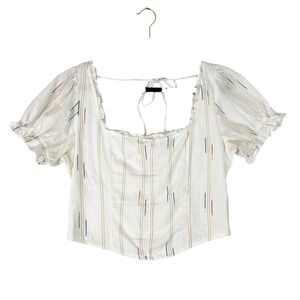 Free People Seratonin Corset Top Sz L White Smocked Puff Sleeve Boho Cottagecore